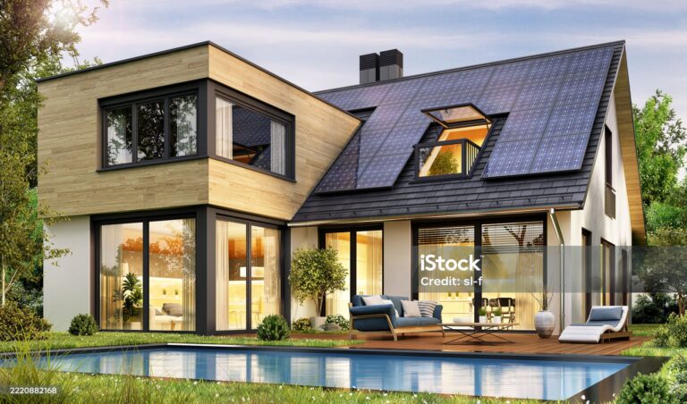 Modern House with Solar Panels, Evening View